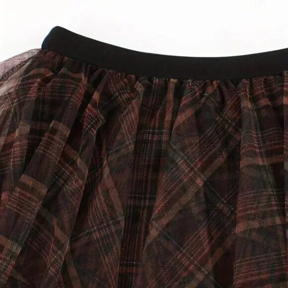 Coffee Mesh Frilly Plaid Pattern Skirt - Picture 4 of 8